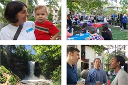 [ai] A collage of four images: a woman holding a young child, a gathering of people sitting around tables under trees, a waterfall surrounded by greenery, and two people conversing at a social event with others in the background.